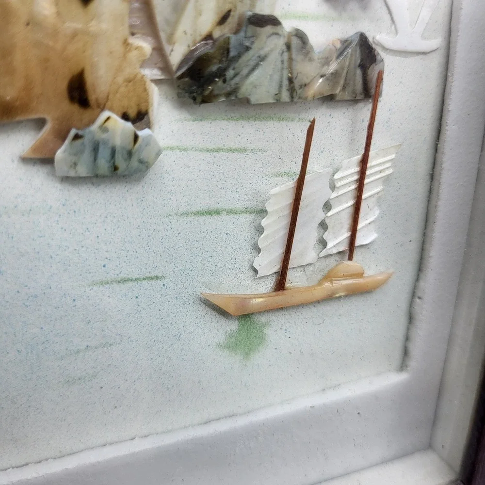 Vintage Chinese Shell Art Shadow Box Pagoda Landscape 3D Wall Decor 9